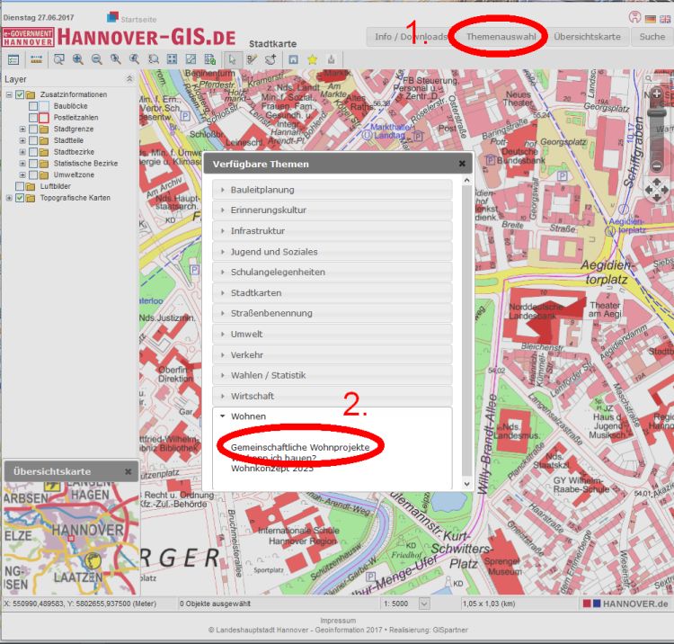 Screenshot der Seite www.hannover-gis.de mit geöffneter Themenauswahl